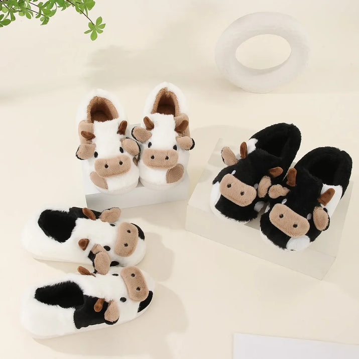 Winter Home Slippers for Couples Warm Plush Neutral Cartoon Cow Indoor anti Slip Comfortable Cotton Slippers for Men and Women